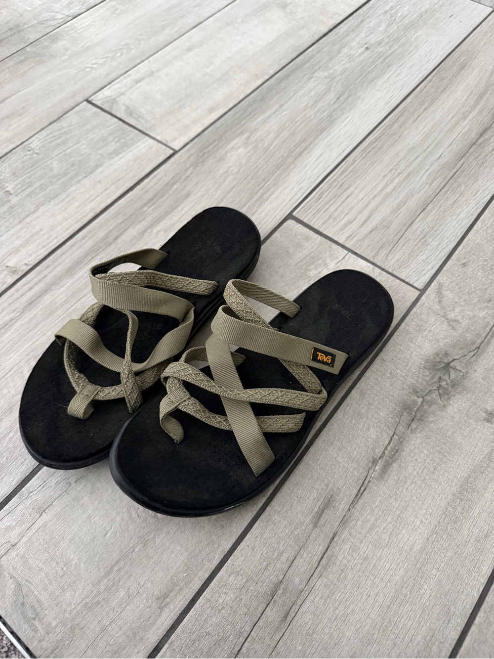 Teva Olive Green Strap Slide Sandals with Black Footbed